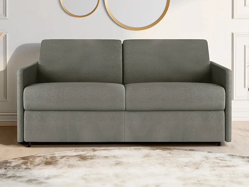 Canapé 3 places convertible express en tissu gris clair - Couchage 140 cm - Matelas 14 cm CALIFE