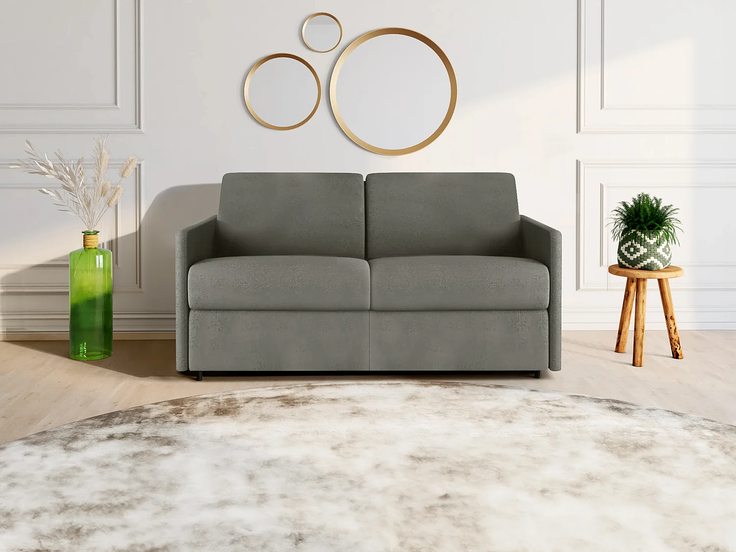 Canapé 2 places convertible express en tissu gris clair - Couchage 120 cm - Matelas 18 cm CALIFE
