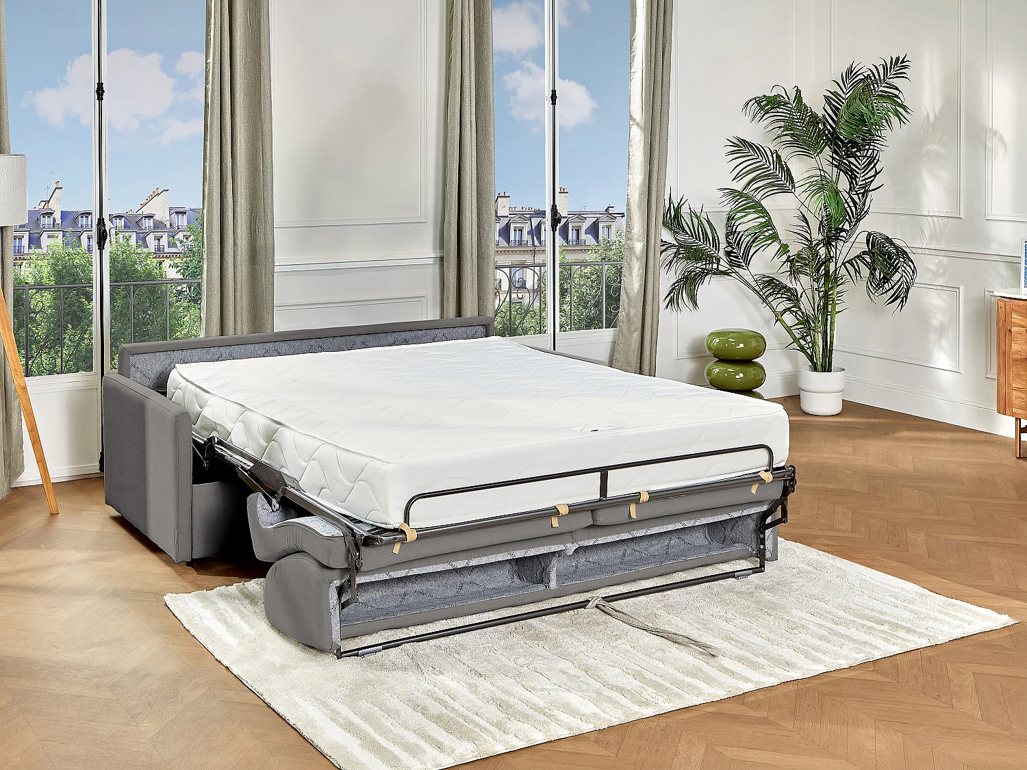 Canapé 3 places  convertible express en tissu gris clair - Couchage 140 cm - Matelas 22 cm avec mémoire de forme CALIFE