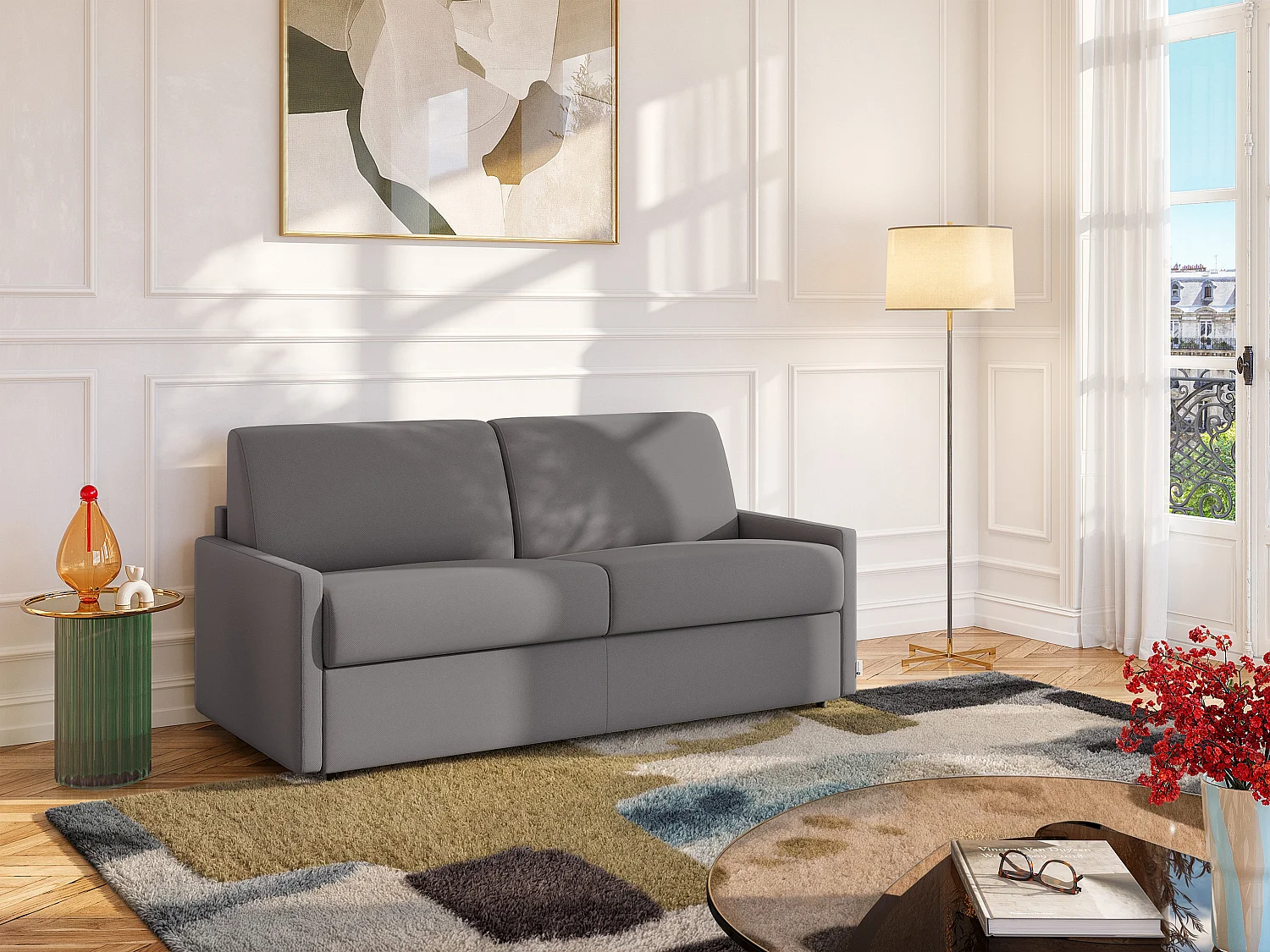 Canapé 4 places  convertible express en tissu gris clair - Couchage 160 cm - Matelas 22 cm avec mémoire de forme CALIFE