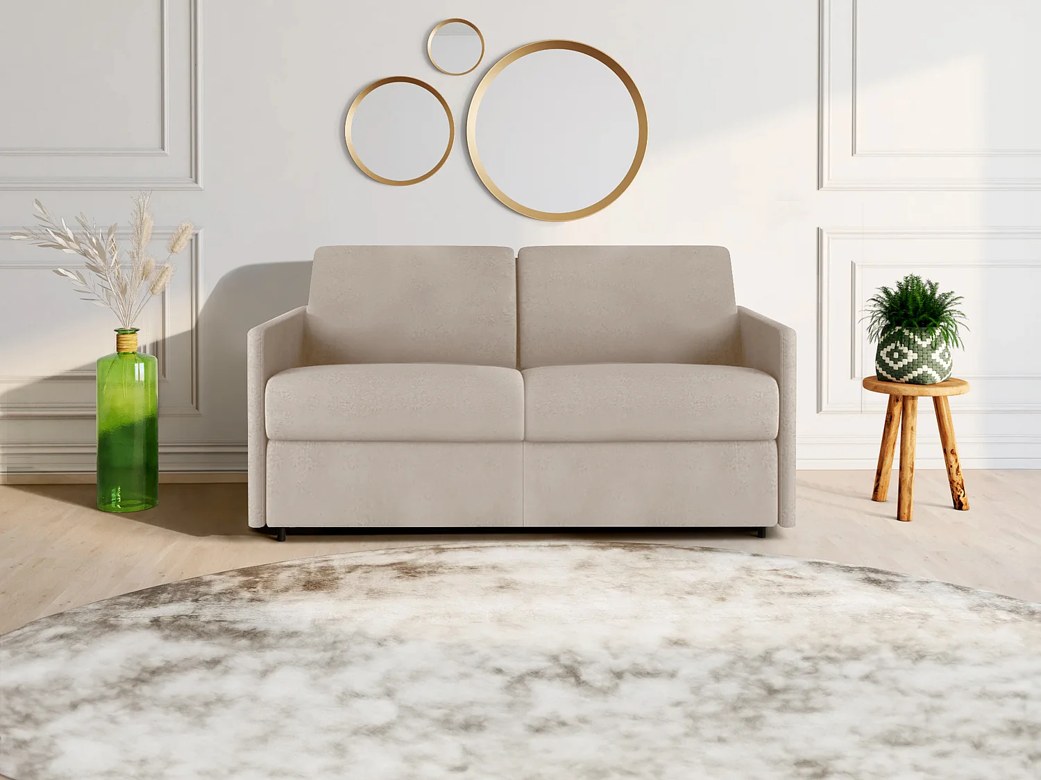 Canapé 2 places convertible express en tissu beige - Couchage 120 cm - Matelas 18 cm CALIFE