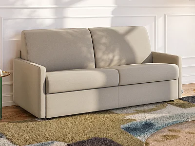 Canapé 2 places convertible express en tissu beige - Couchage 120 cm - Matelas 18 cm CALIFE