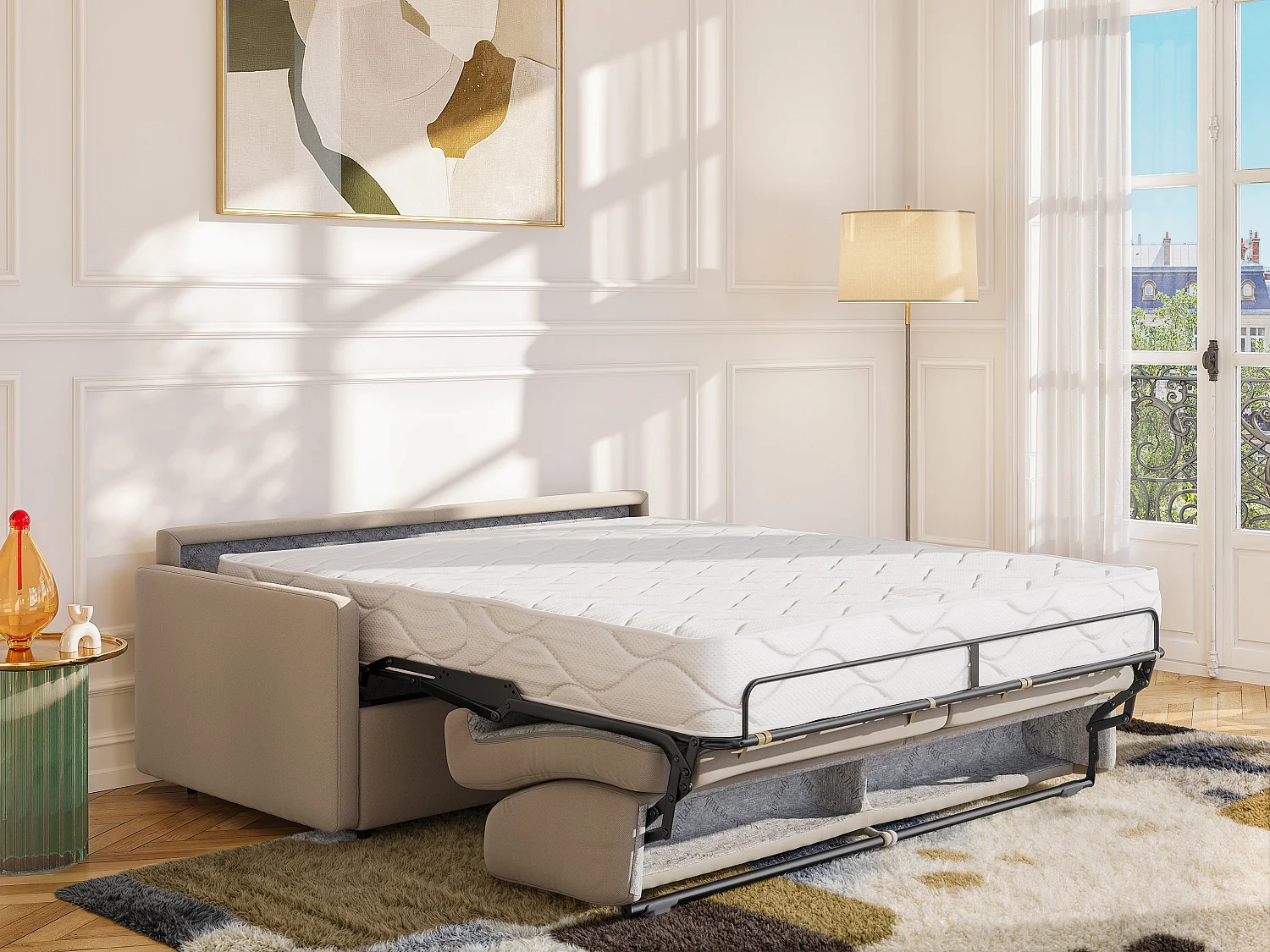 3-seters sovesofabed med hurtigfunksjon i beige stoff - Sovebredde 140 cm - 22 cm madrass med minneskum CALIFE