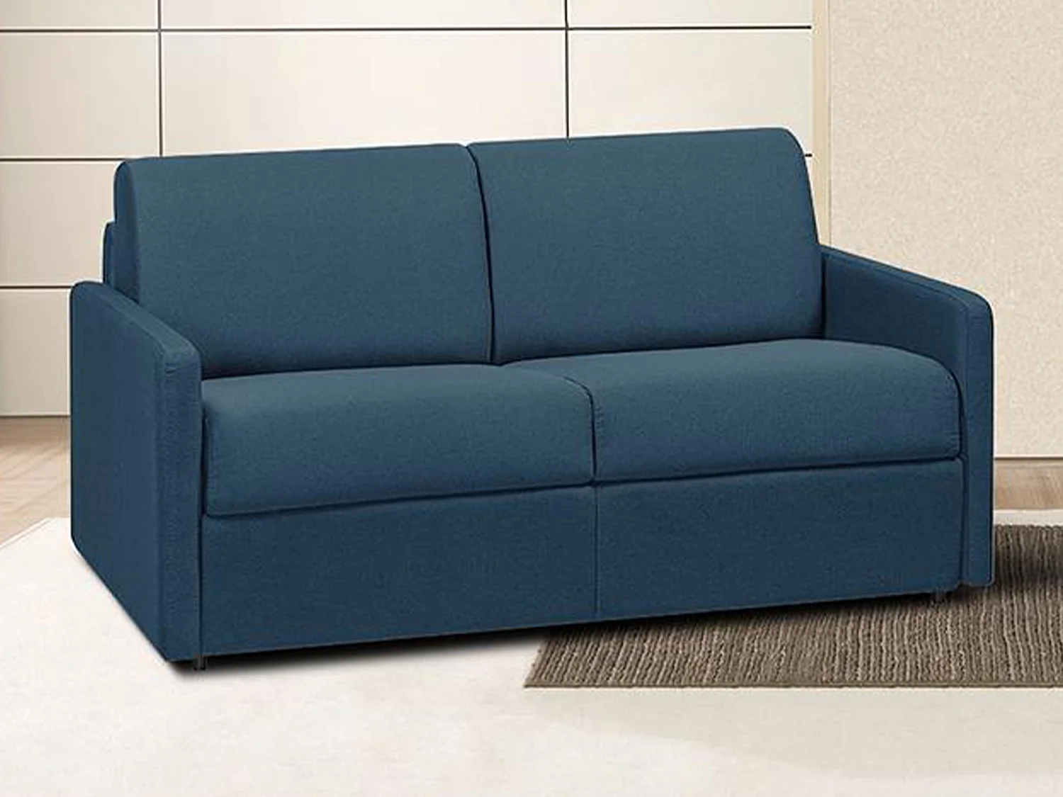Canapé 2 places convertible express en tissu bleu foncé - Couchage 120 cm - Matelas 14 cm CALIFE