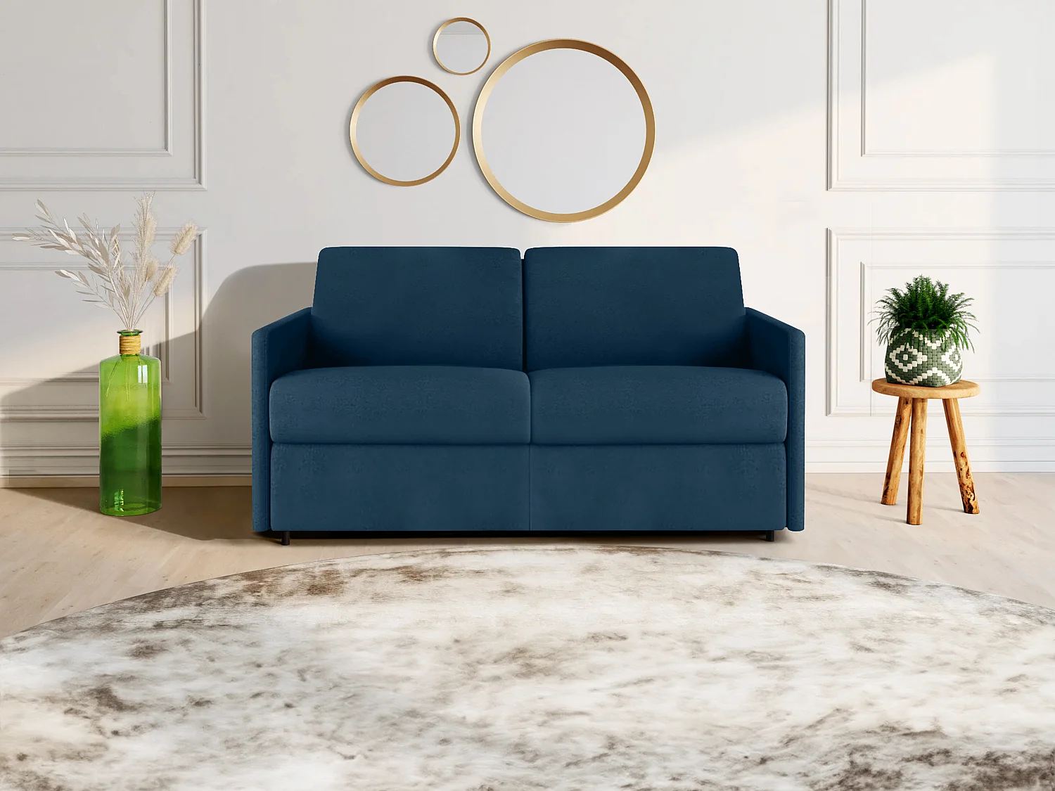 Canapé 2 places convertible express en tissu bleu foncé - Couchage 120 cm - Matelas 18 cm CALIFE
