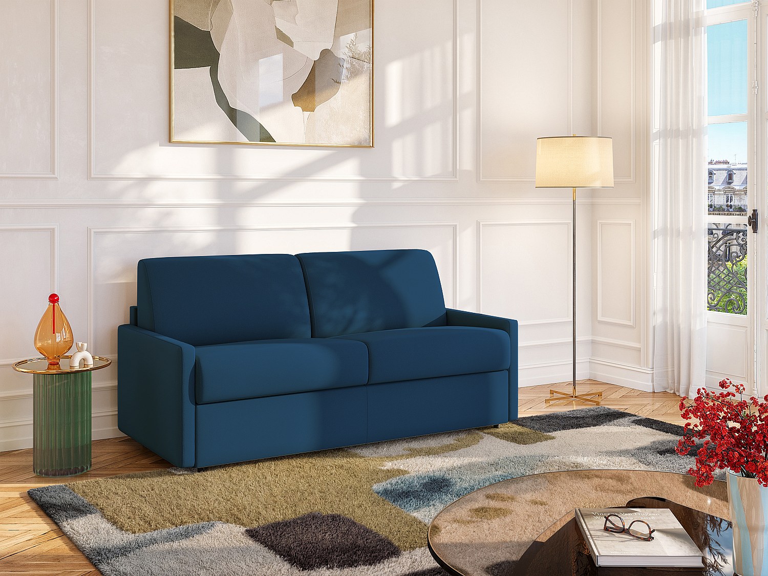 Schlafsofa 3-Sitzer - Liegefläche: 140 cm - Matratzenhöhe: 18 cm - Stoff - Dunkelblau - CALIFE