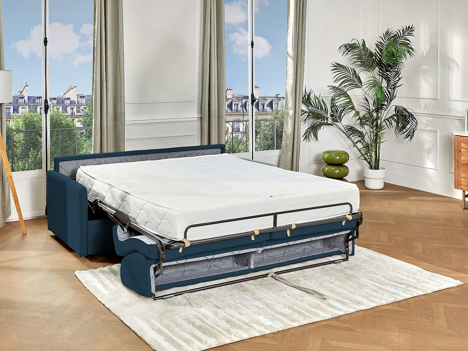 Tweezits express bedbank van stof CALIFE - Donker blauw - Slaap afmeting 120  cm - Matras met vormgeheugen 22 cm