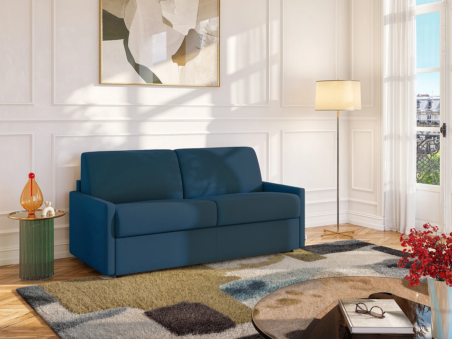 Canapé 4 places  convertible express en tissu bleu foncé - Couchage 160 cm - Matelas 22 cm avec mémoire de forme CALIFE