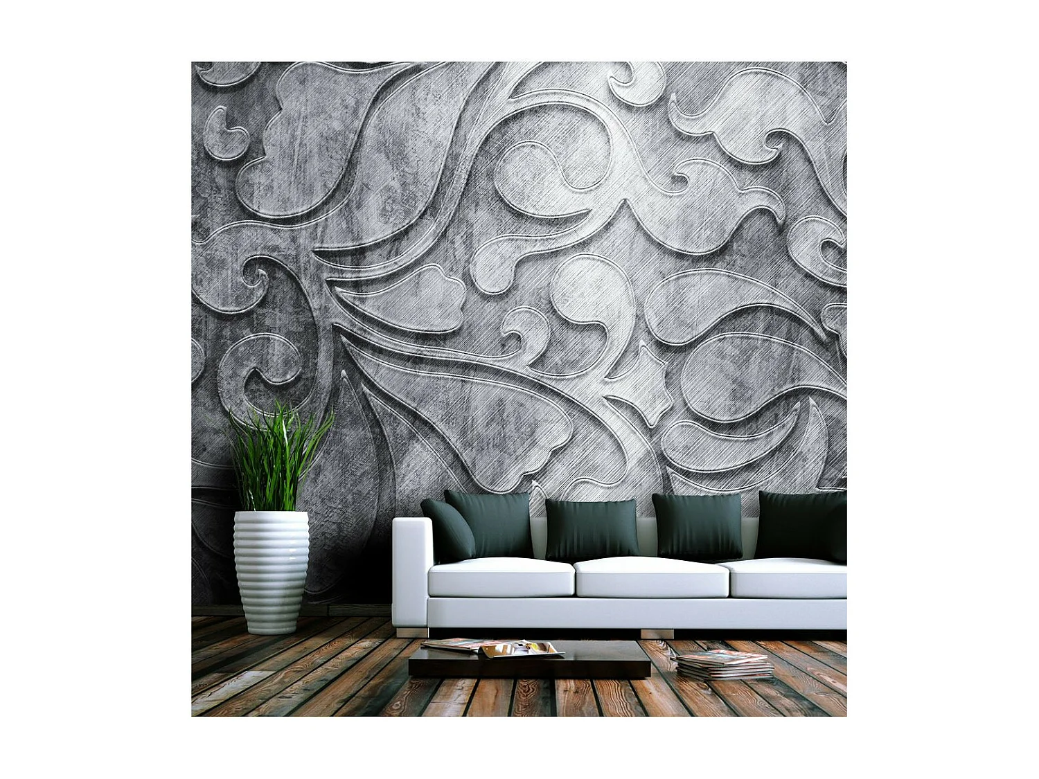 Papier Peint "Fond Argenté avec Motif Floral" 154 x 200 cm