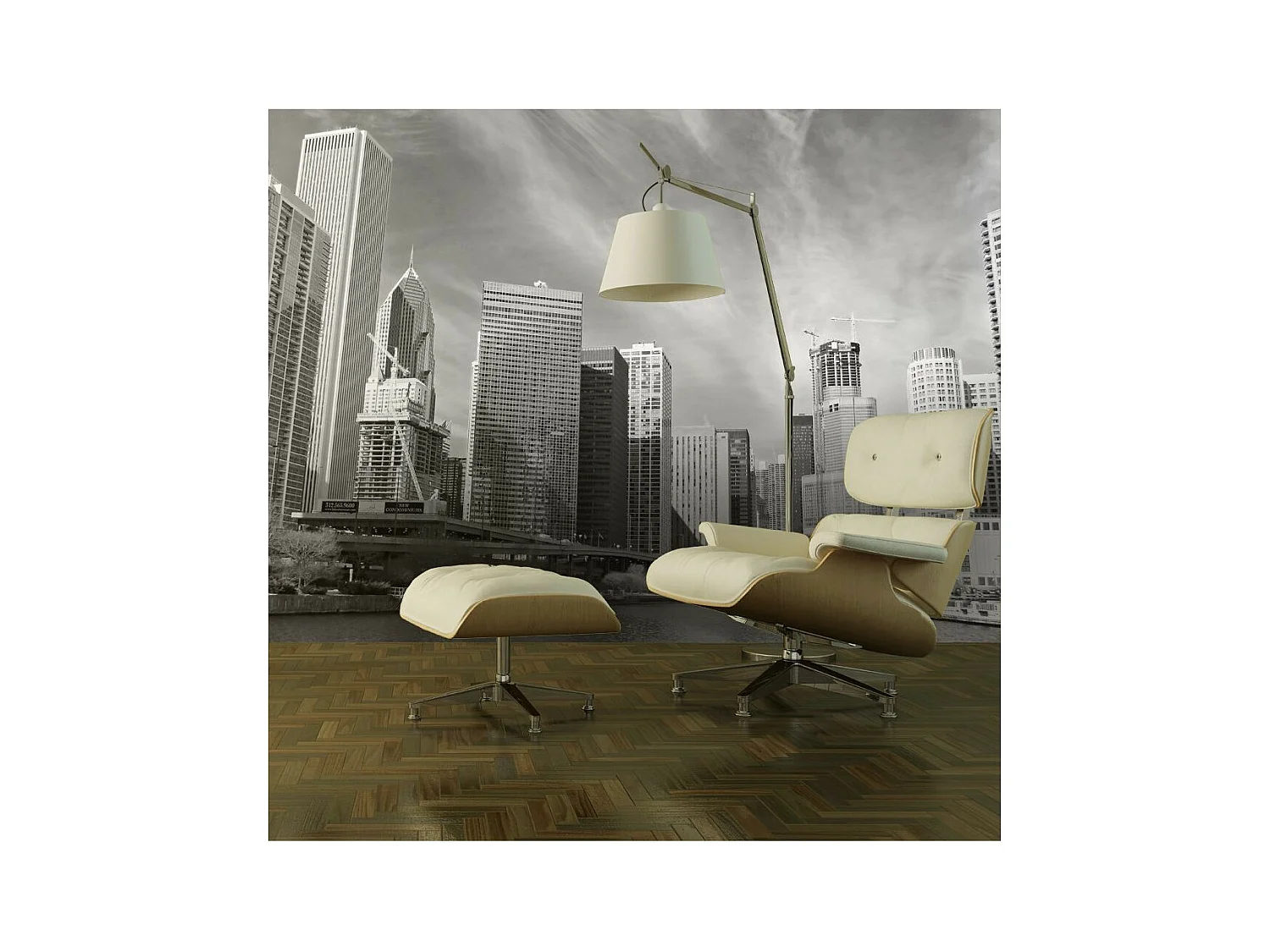 Papier Peint "Panorama de Chicago Noir & Blanc" 193 x 250 cm