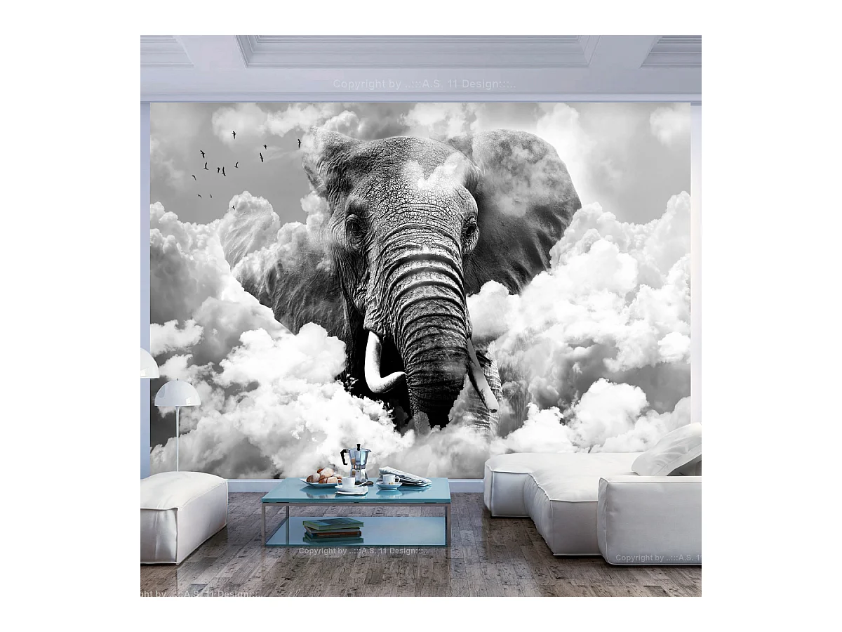 Papier Peint "Elephant in the Clouds Black & White" 105 x 150 cm