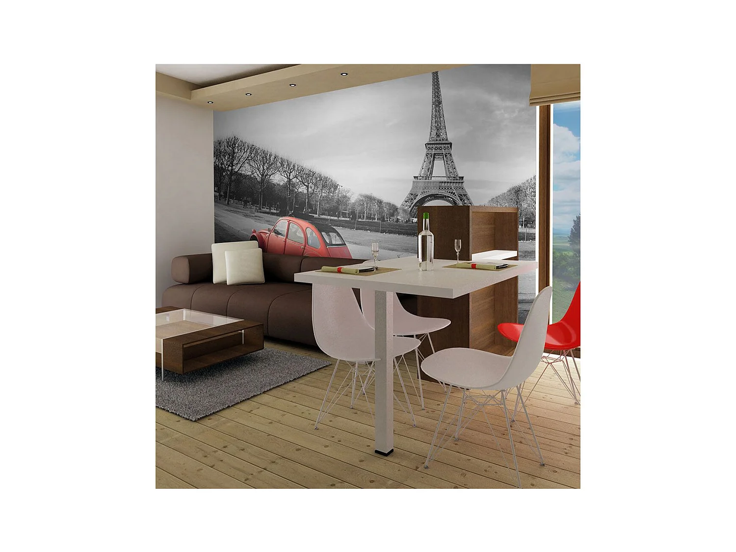 Papier Peint "Tour Eiffel & Voiture Rouge" 231 x 300 cm