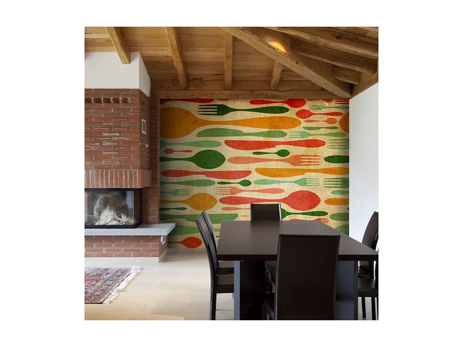 Papier Peint "Couverts en Vert & Orange" 270 x 350 cm