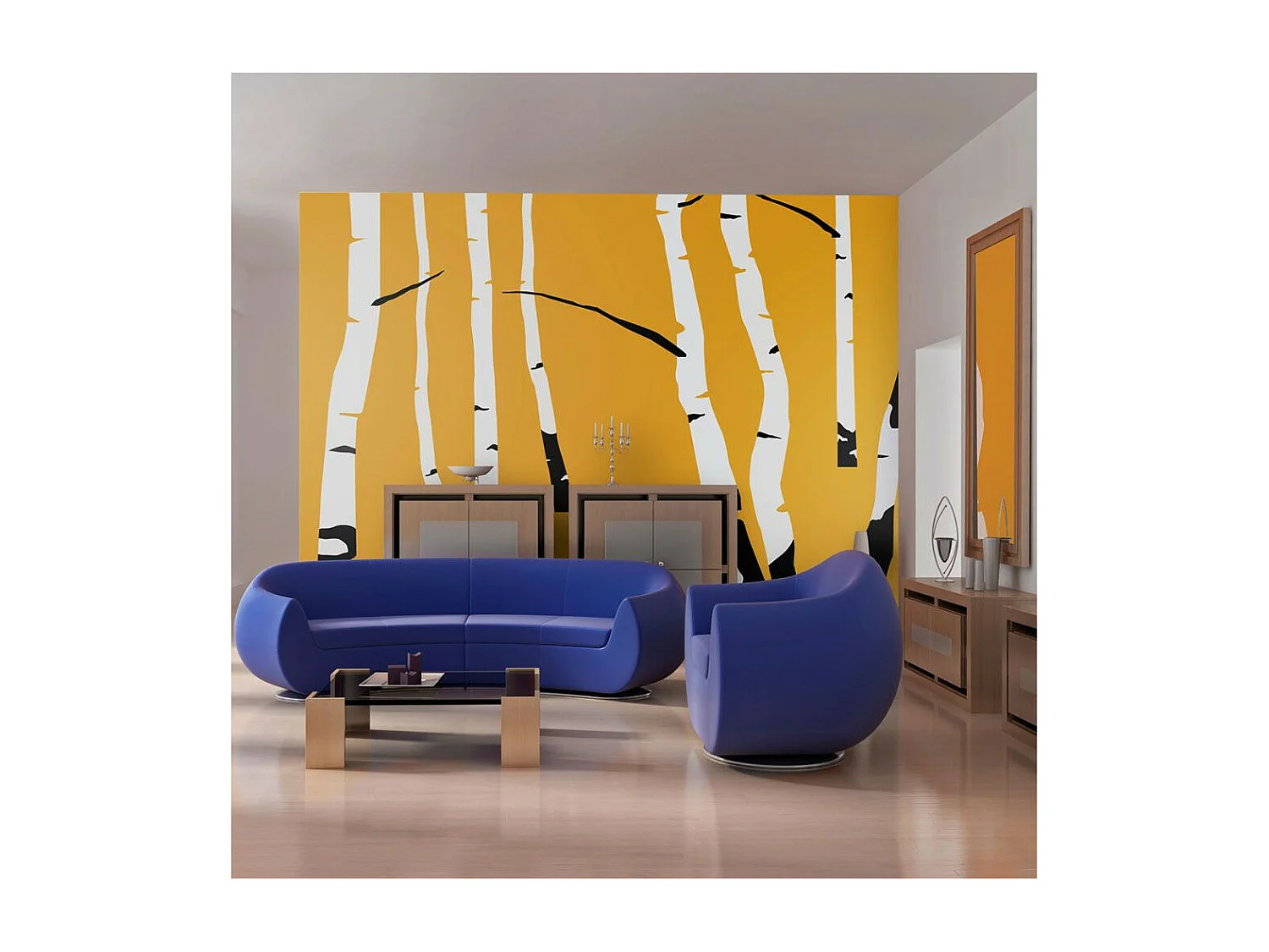 Papier Peint "Birches on the Orange Background" 154 x 200 cm