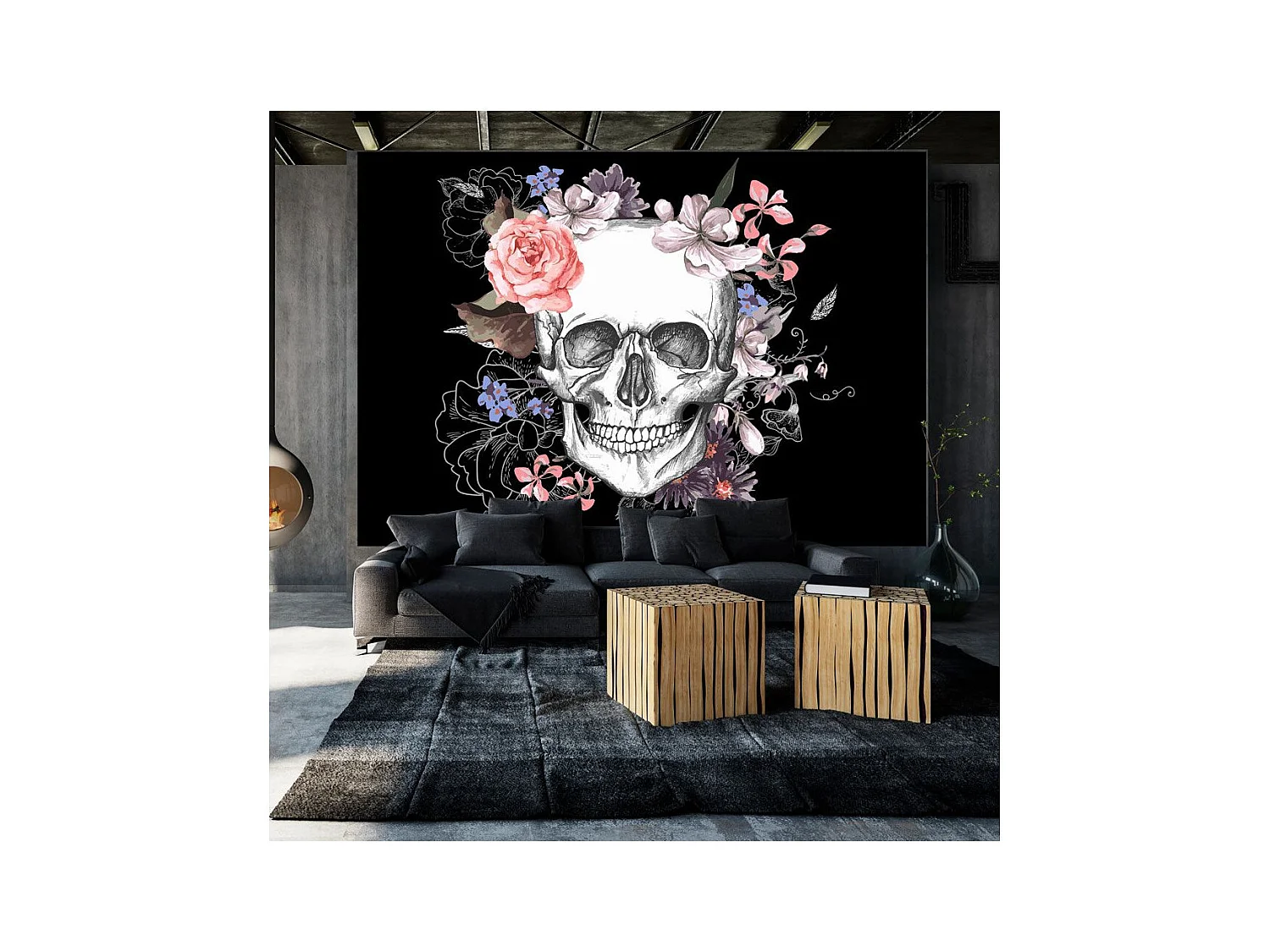Papier Peint "Skull & Flowers" 210 x 300 cm