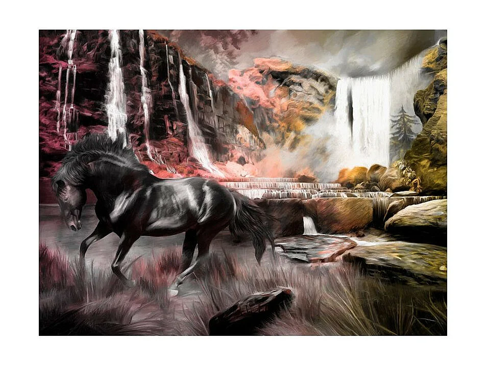 Papier Peint "Cheval Noir & Cascade" 270 x 350 cm