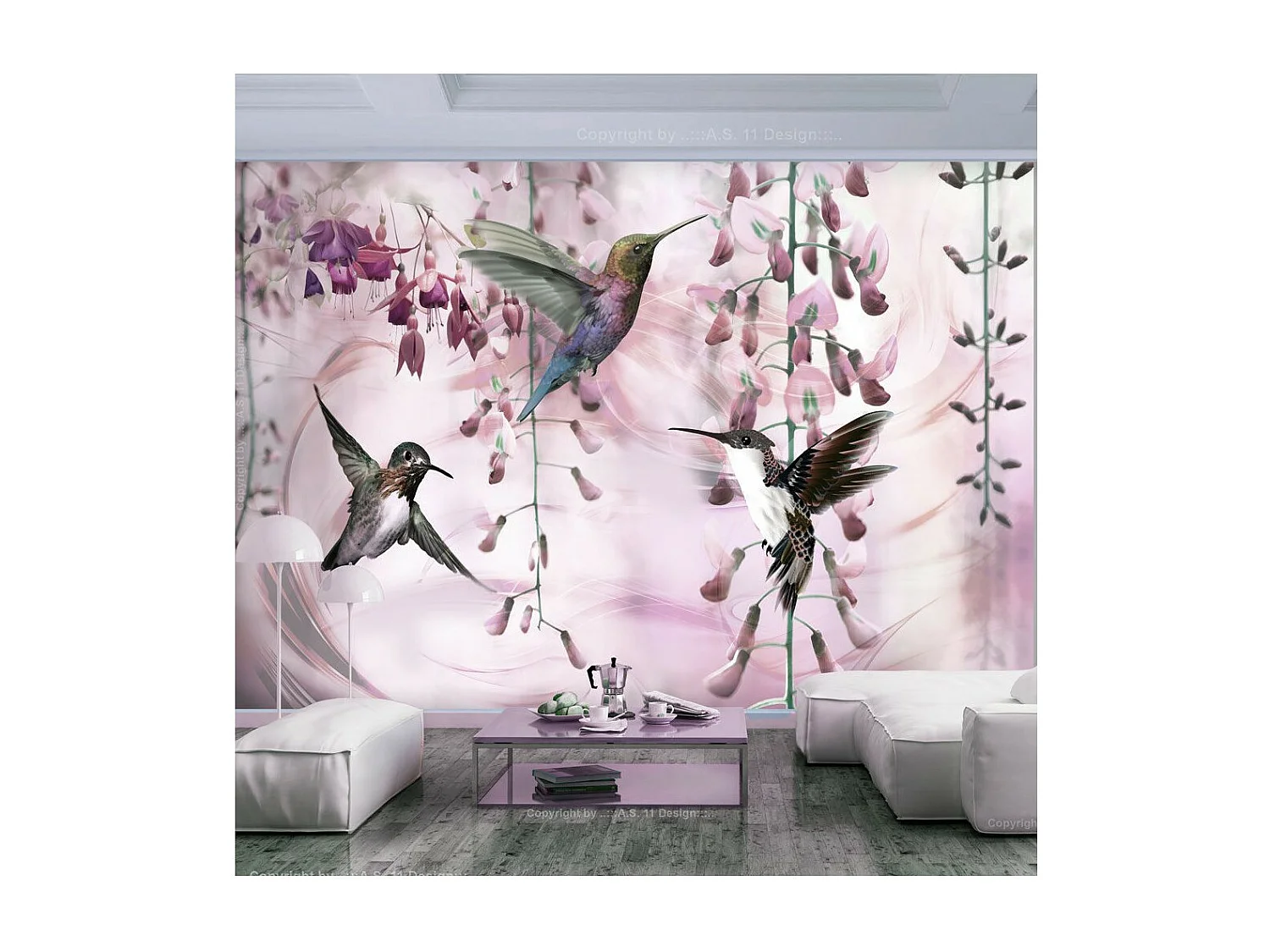 Papier Peint "Flying Hummingbirds Pink" 70 x 100 cm