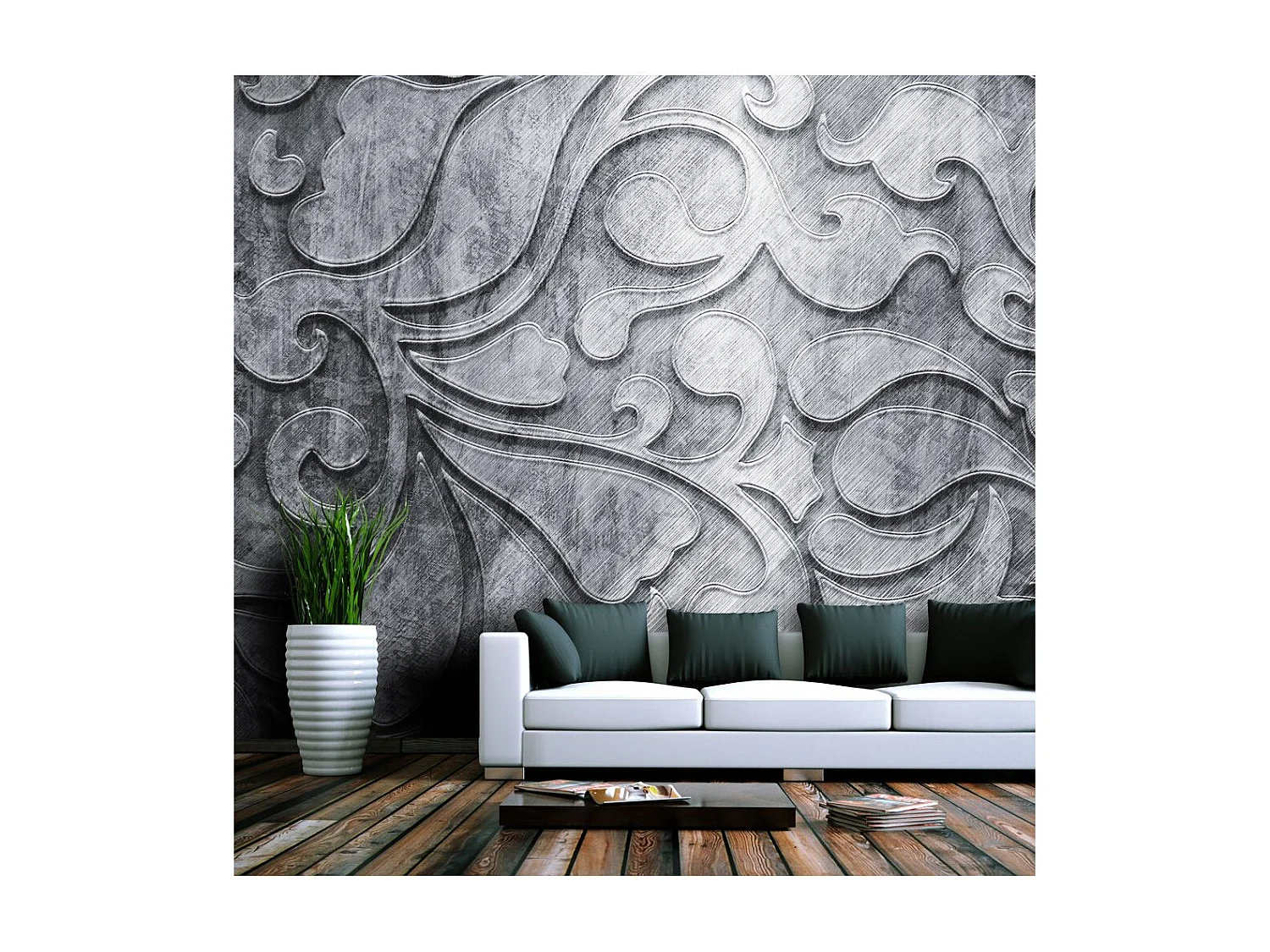 Papier Peint "Fond Argenté avec Motif Floral" 193 x 250 cm