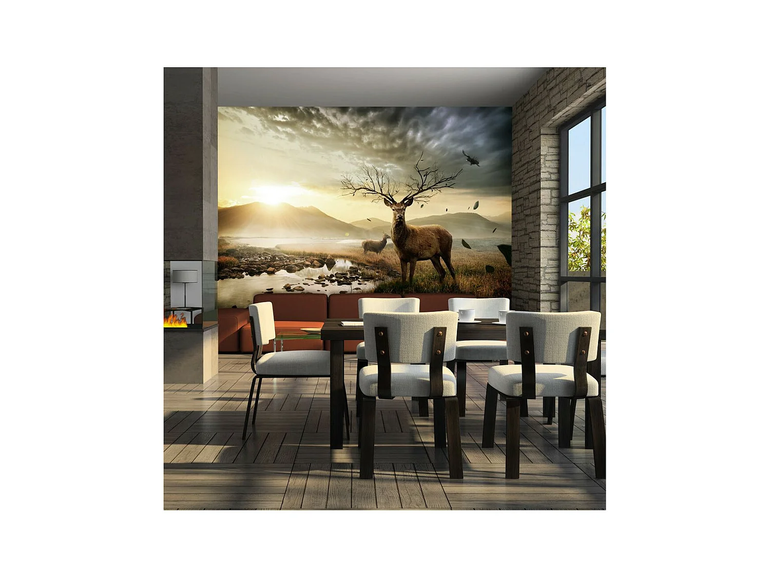 Papier Peint "Cerf & Ruisseau de Montagne" 270 x 350 cm