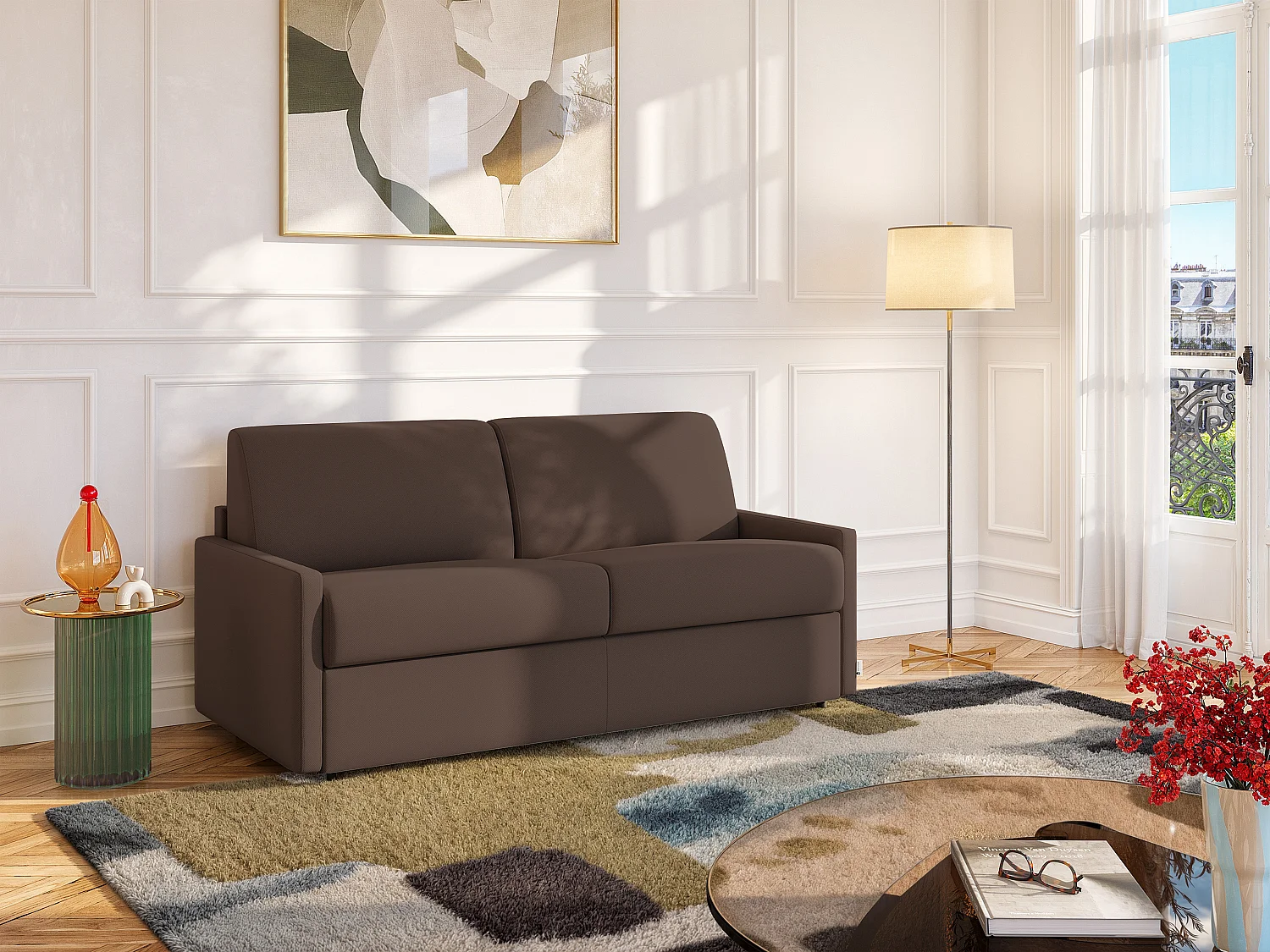 Canapé 2 places  convertible express en tissu marron - Couchage 120 cm - Matelas 22 cm avec mémoire de forme CALIFE