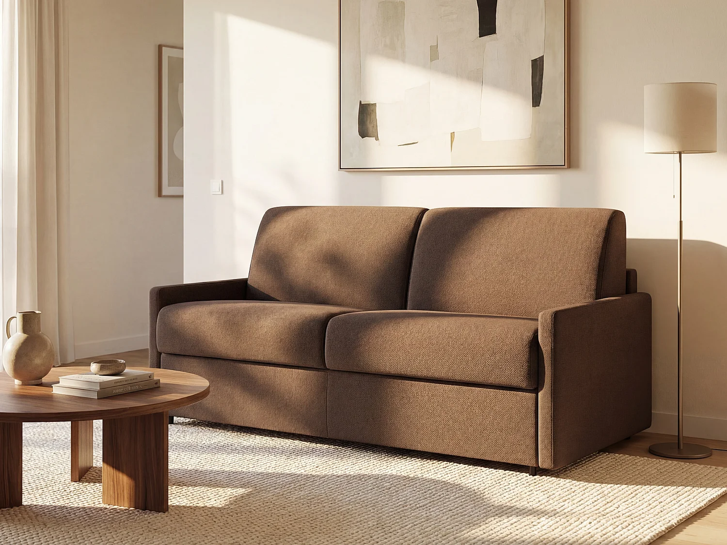 2-personers sovesofaen i brunt stof - Soveplads til 120 cm - 22 cm madras CALIFE