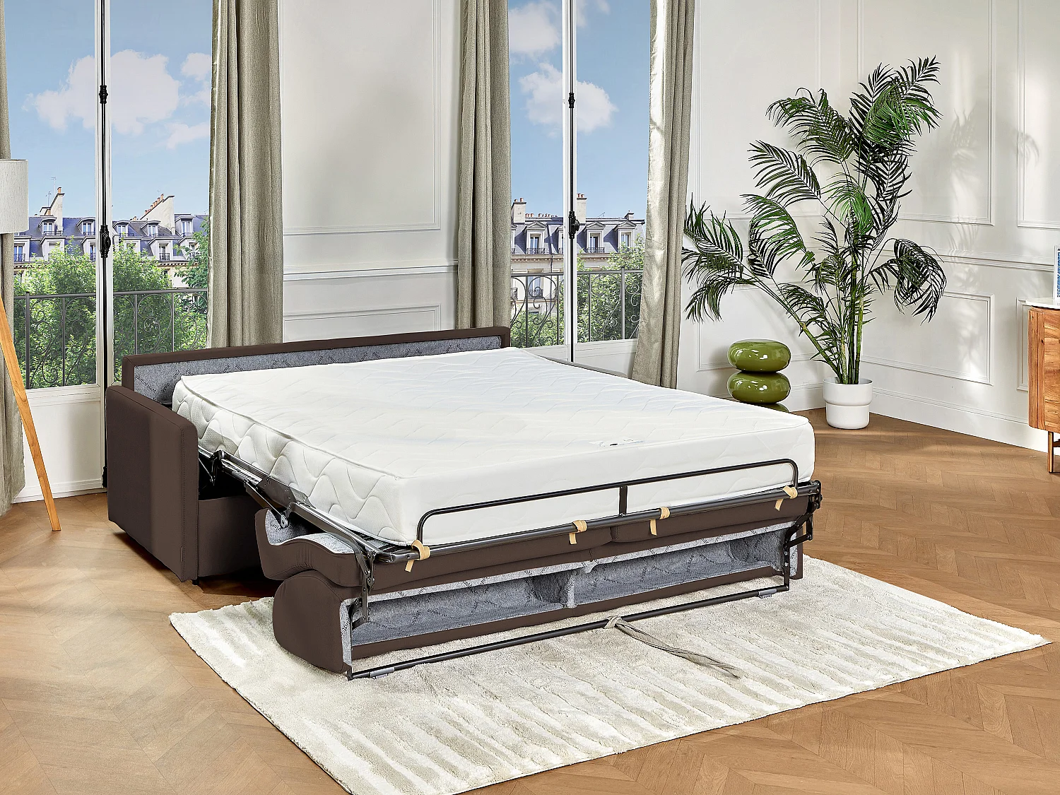 Vierzits express bedbank van stof CALIFE - Bruin - Slaap afmeting 160  cm - Matras met vormgeheugen 22 cm