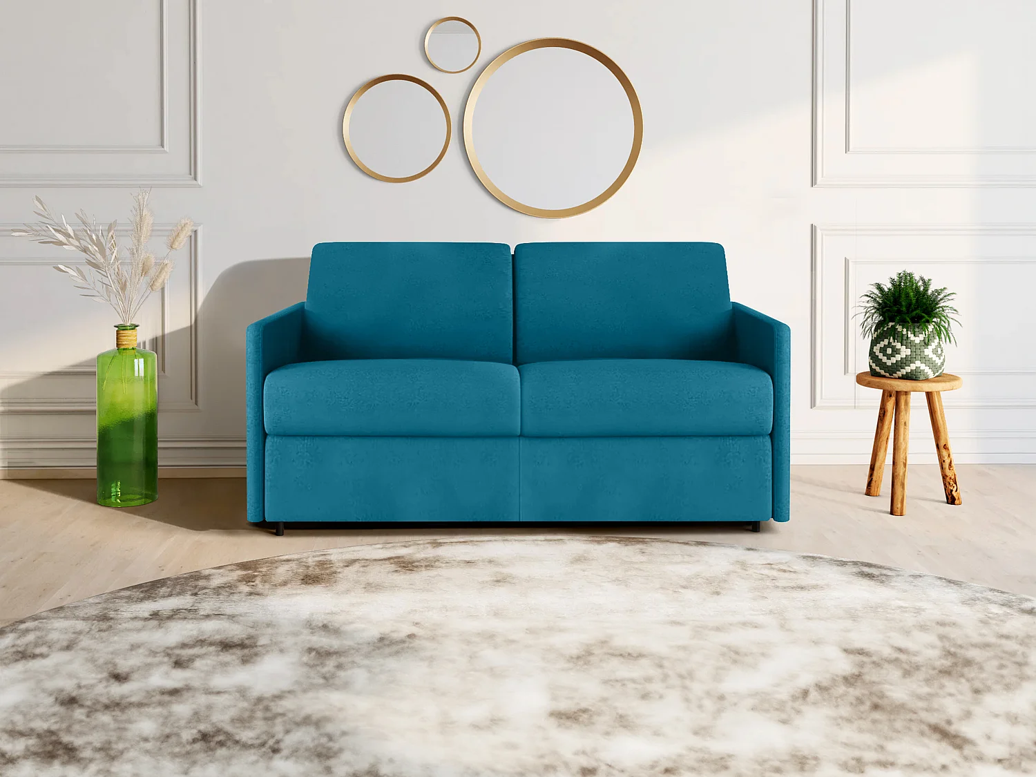 Canapé 2 places convertible express en tissu bleu turquoise - Couchage 120 cm - Matelas 18 cm CALIFE