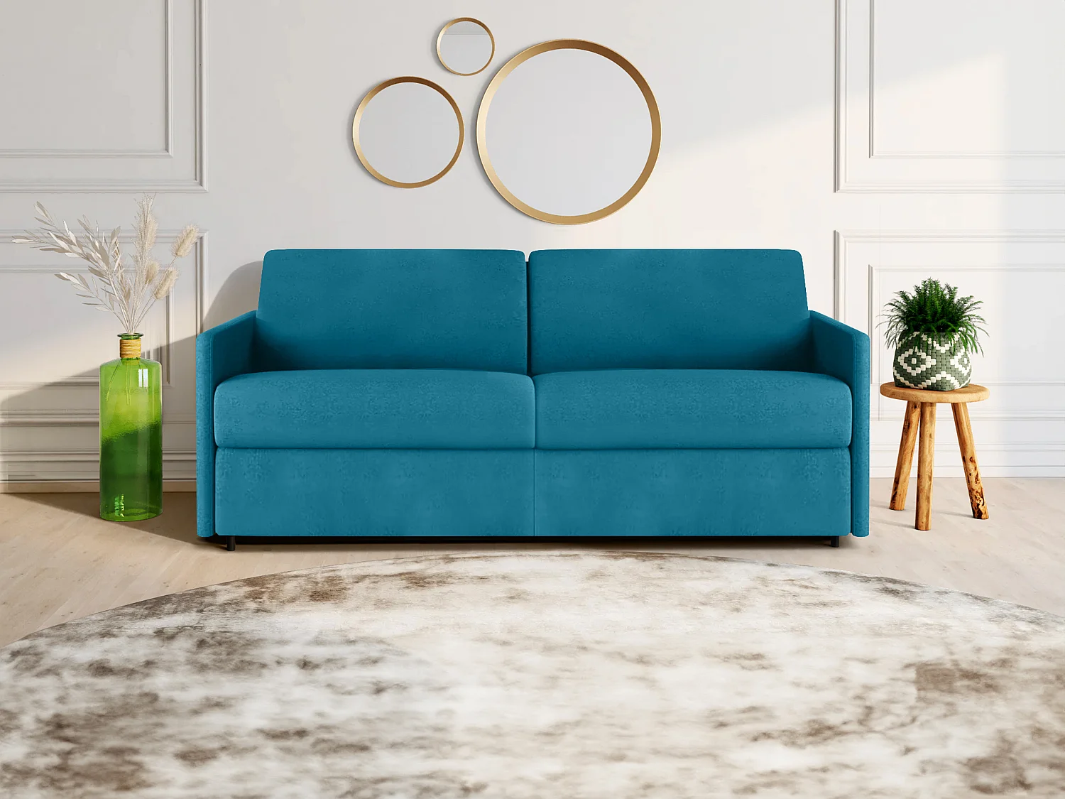 4-seters sovesofa med sovesofa-komfort som er rask å slå ut i turkisblått stoff - Sengebredde 160 cm - Madrass 18 cm CALIFE