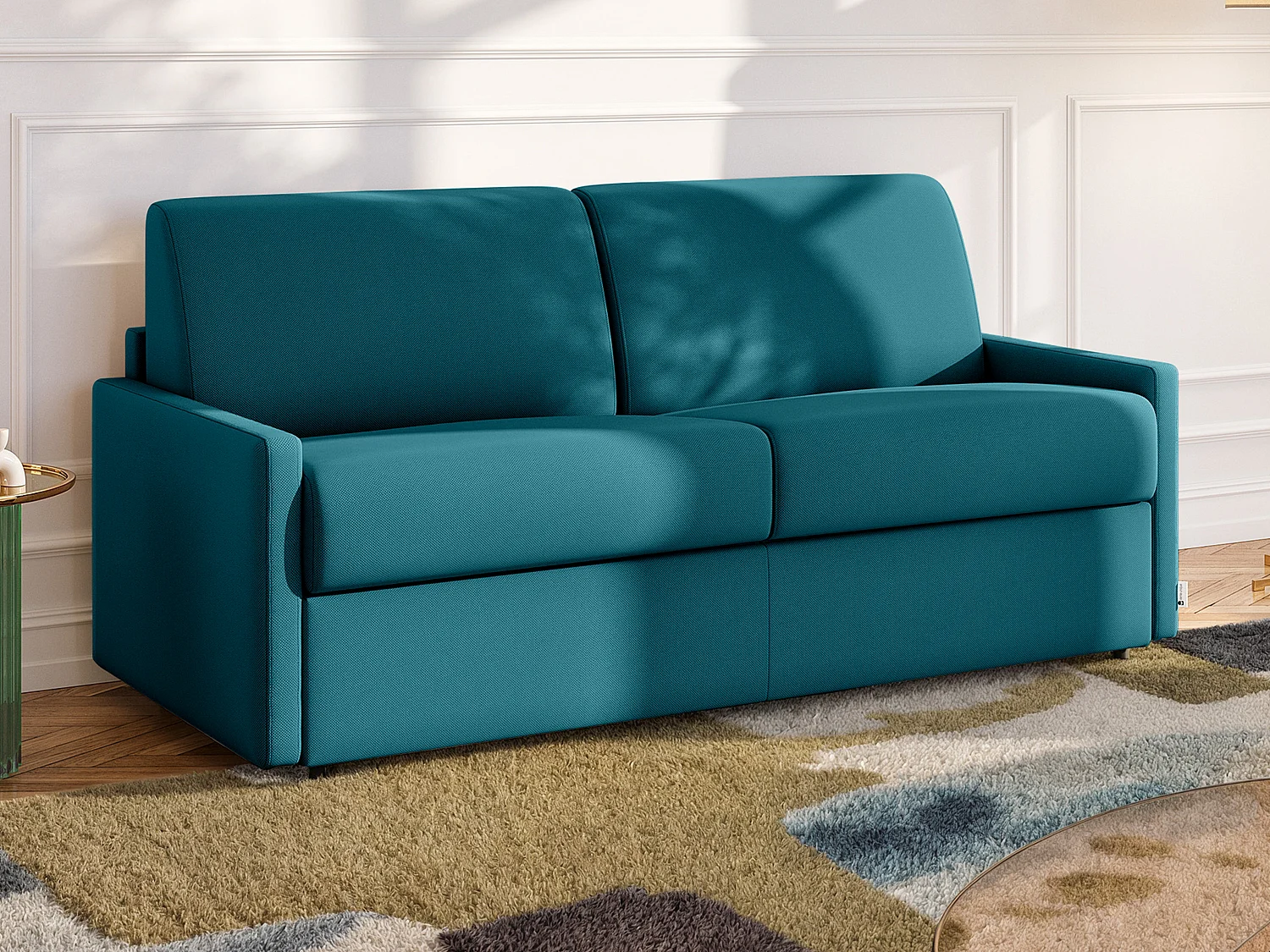 Divano letto 2 posti a ribalta in Tessuto Turchese - Larghezza Materasso 120 cm memory foam - Spessore 22 cm - CALIFE