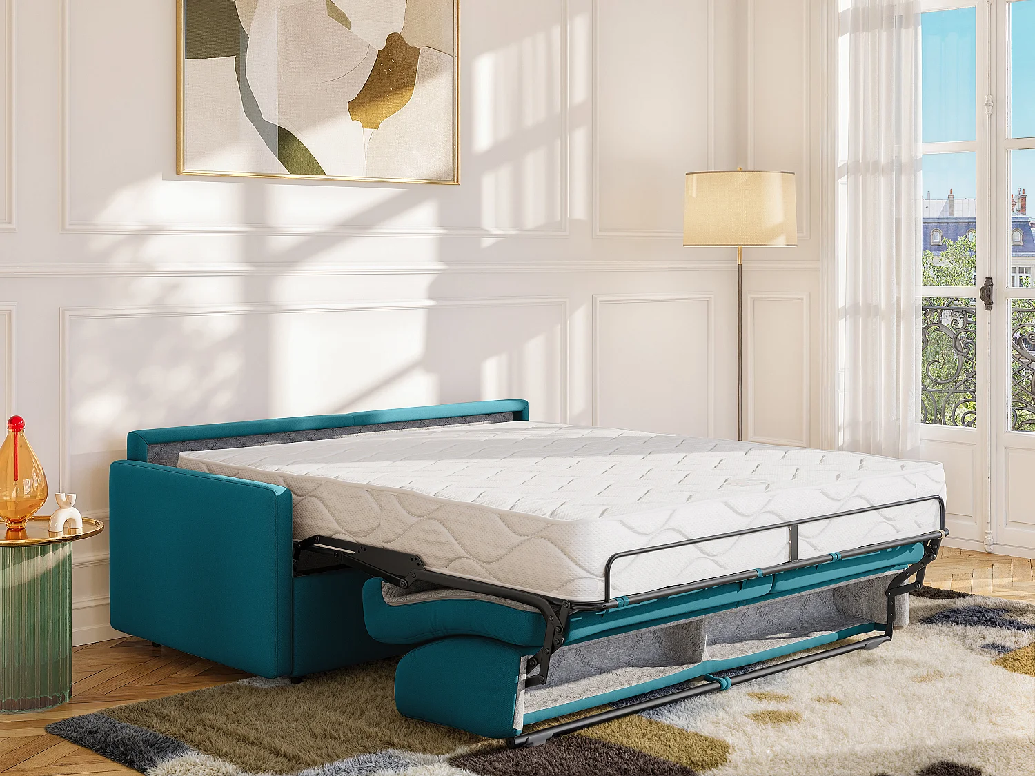 Canapé 3 places  convertible express en tissu bleu turquoise - Couchage 140 cm - Matelas 22 cm avec mémoire de forme CALIFE