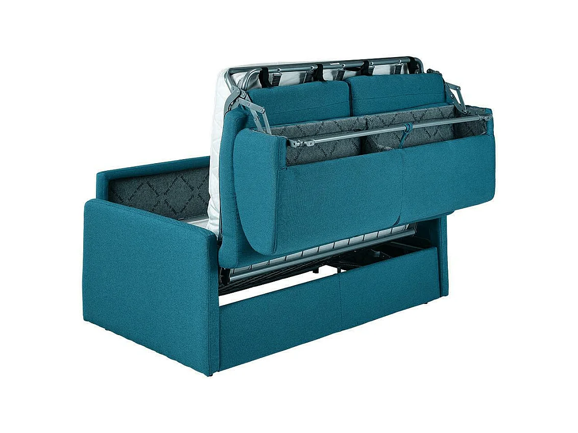 Canapé 3 places  convertible express en tissu bleu turquoise - Couchage 140 cm - Matelas 22 cm avec mémoire de forme CALIFE