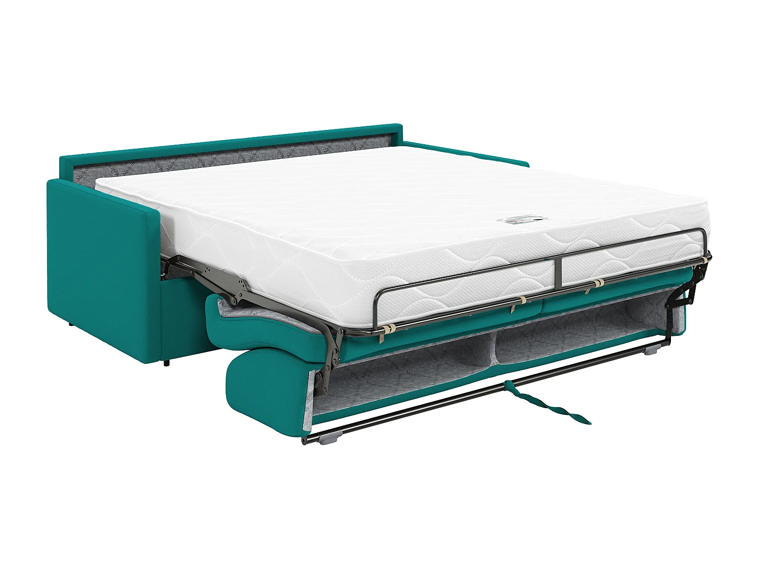 Canapé 3 places  convertible express en tissu bleu turquoise - Couchage 140 cm - Matelas 22 cm avec mémoire de forme CALIFE