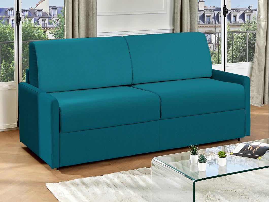 Kanapa 3-osobowa z ekspresowym mechanizmem rozkładania z tkaniny CALIFE - Kolor: turkusowy - Wymiary miejsca do spania: 140 cm - Materac 22 cm