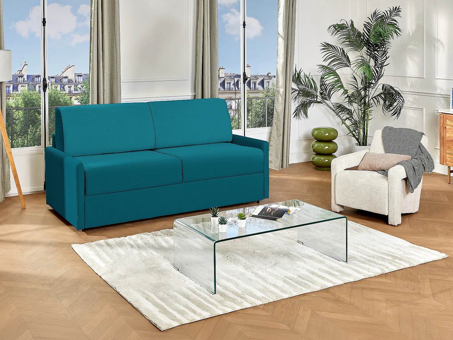 Canapé 4 places  convertible express en tissu bleu turquoise - Couchage 160 cm - Matelas 22 cm avec mémoire de forme CALIFE