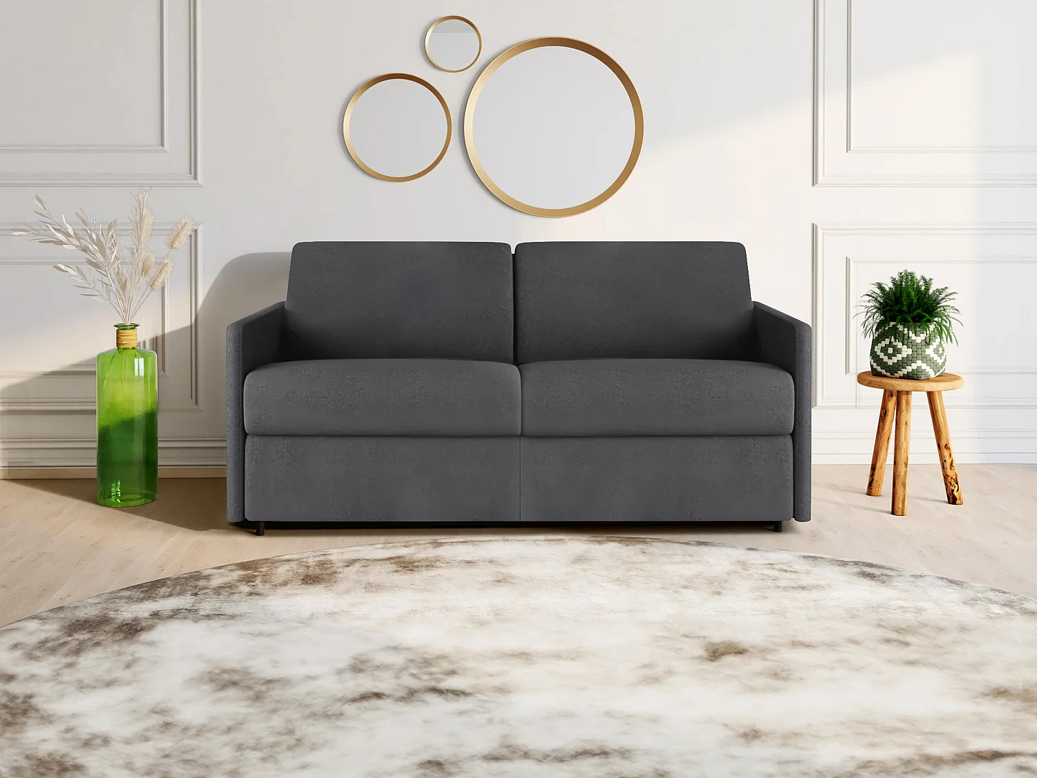 Sofá cama italiano 3 plazas de tela CALIFE - Gris - Cama 140  cm - Colchón 18 cm