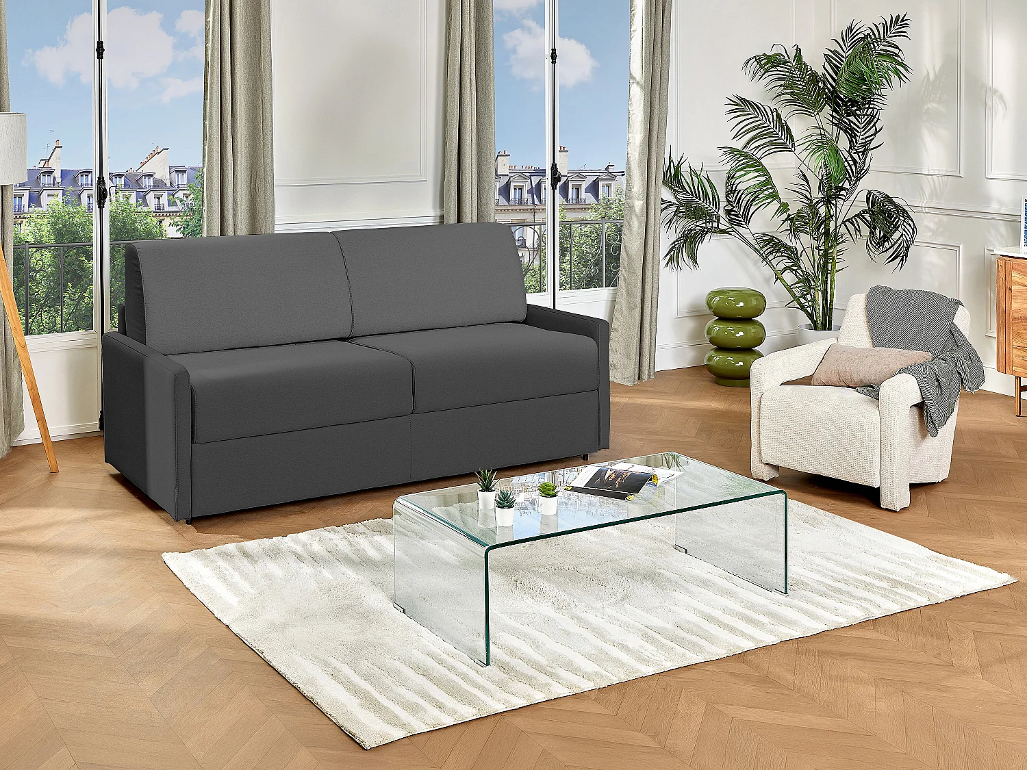 Canapé 3 places  convertible express en tissu gris - Couchage 140 cm - Matelas 22 cm avec mémoire de forme CALIFE