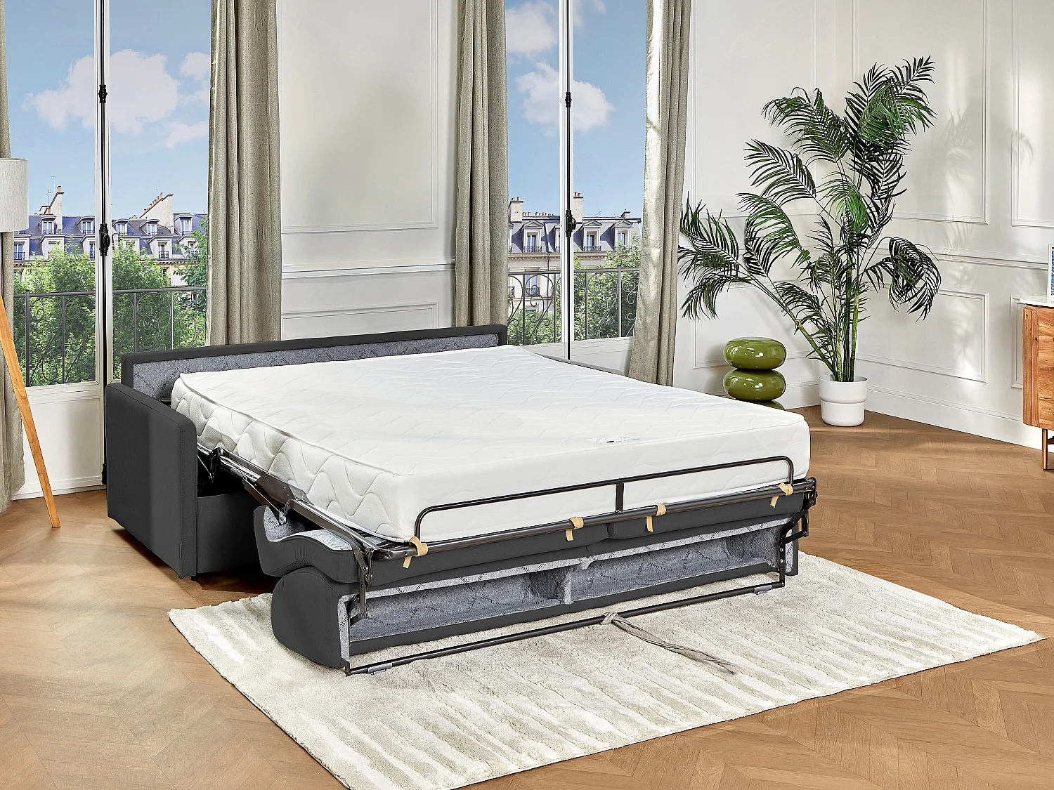 Canapé 3 places  convertible express en tissu gris - Couchage 140 cm - Matelas 22 cm avec mémoire de forme CALIFE