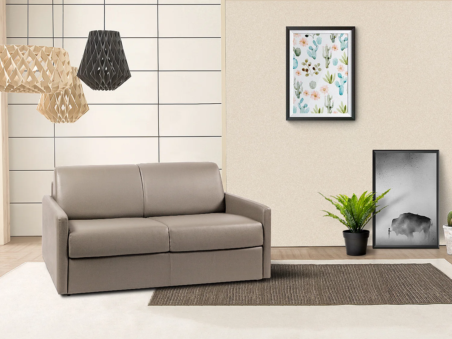 Canapé 2 places convertible express en simili taupe - Couchage 120 cm - Matelas 14 cm CALIFE