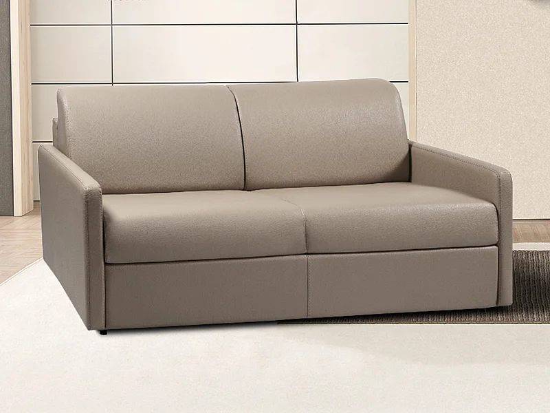 Driezits express bedbank van kunstleer CALIFE - Taupe - Slaap afmeting 140  cm - Matras met vormgeheugen 22 cm