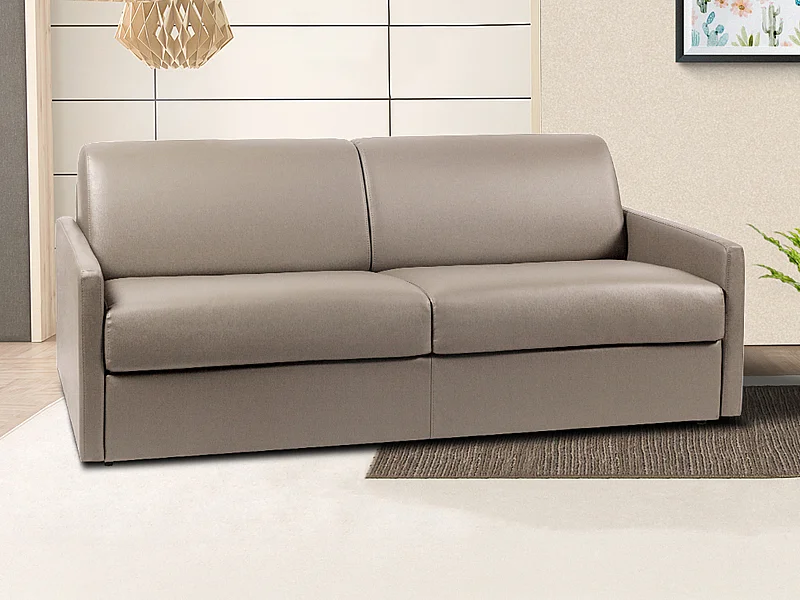 Sofá cama italiano 4 plazas piel sintética CALIFE - Topo - Cama 160  cm - Colchón con memoria de forma 22 cm