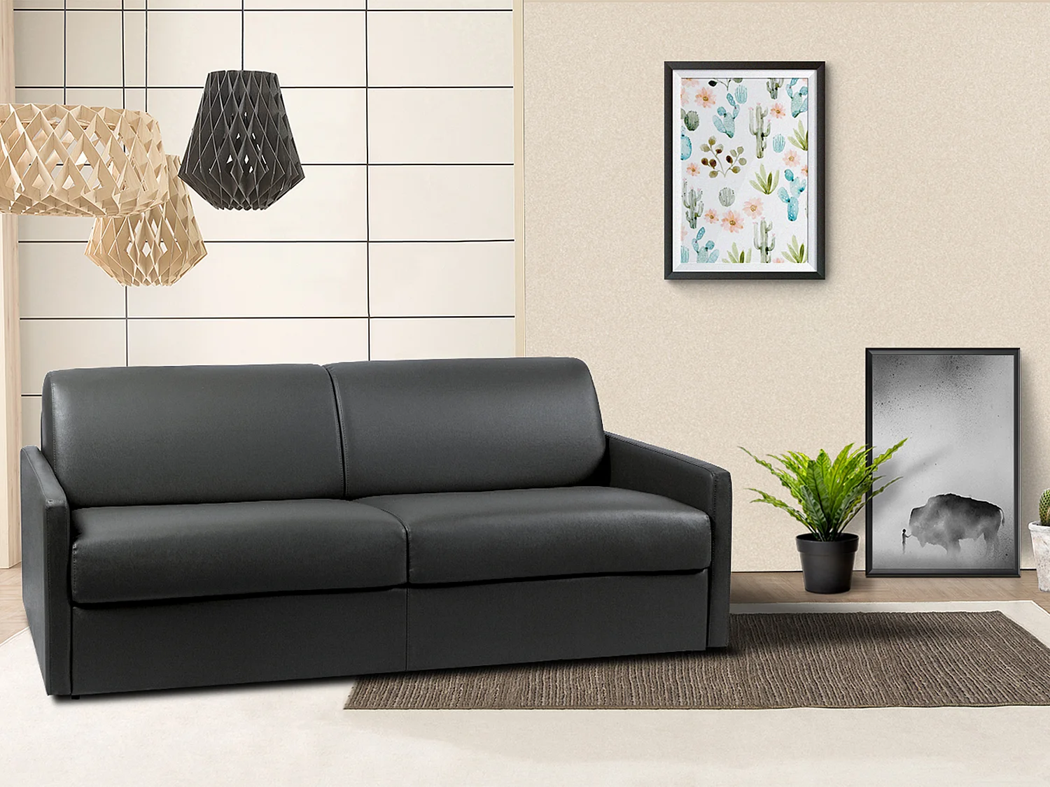 Sofá cama italiano 4 plazas piel sintética CALIFE - Negro - Cama 160  cm - Colchón con memoria de forma 22 cm