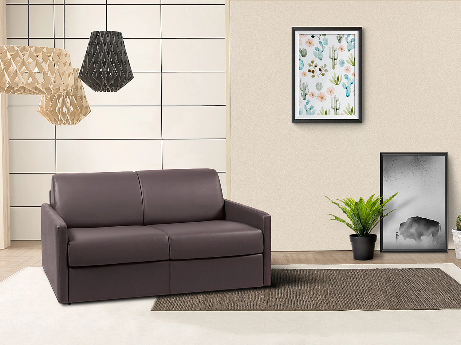 Canapé 2 places  convertible express en simili marron - Couchage 120 cm - Matelas 22 cm avec mémoire de forme CALIFE