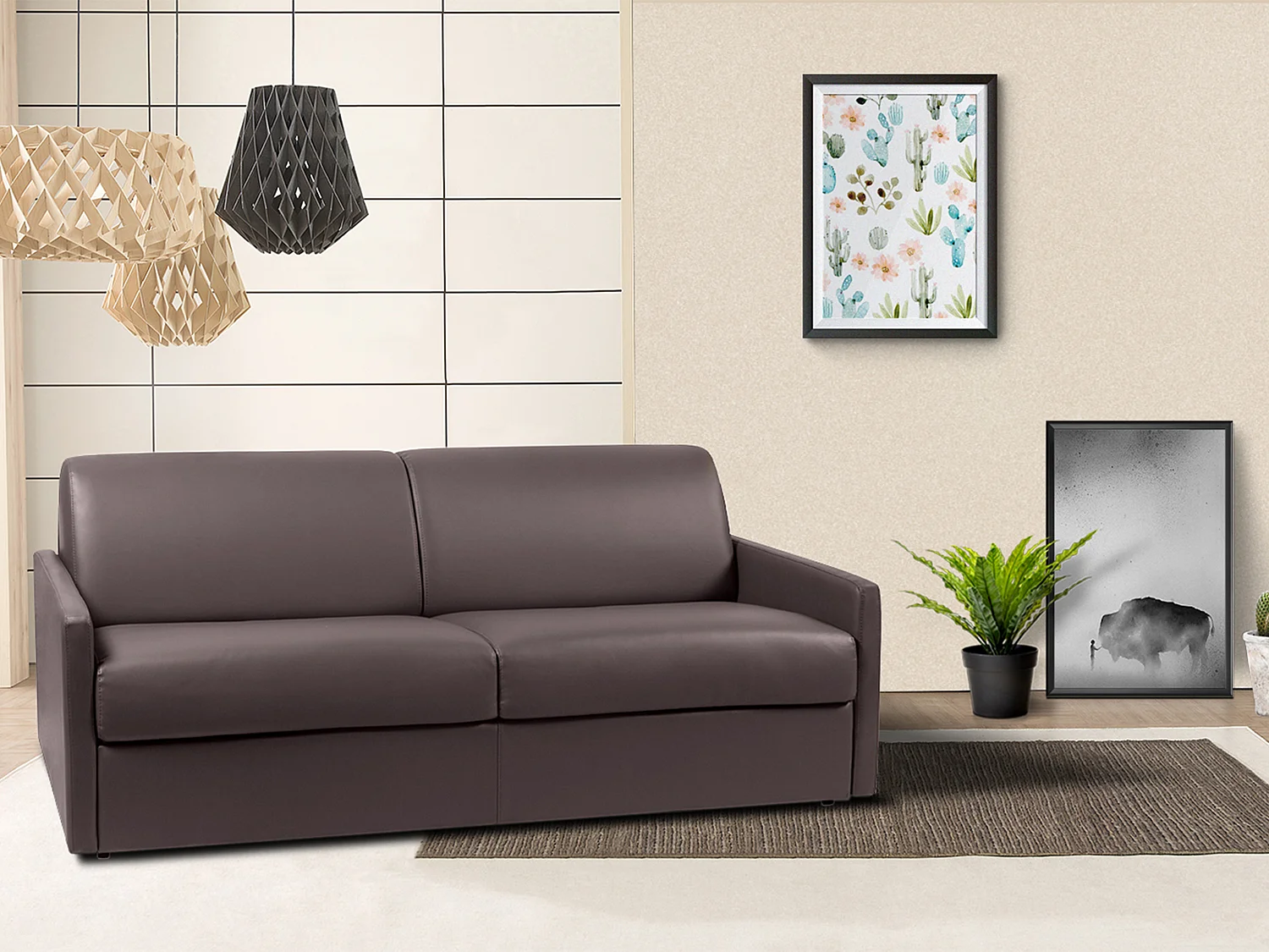 Kanapa 4-osobowa z ekspresowym mechanizmem rozkładania z ekoskóry CALIFE - Kolor: brązowy - Wymiary miejsca do spania: 160 cm - Materac 22 cm z pamięcią kształtu