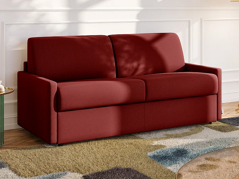 Driezits express bedbank van kunstleer CALIFE - Rood - Slaap afmeting 140  cm - Matras met vormgeheugen 22 cm