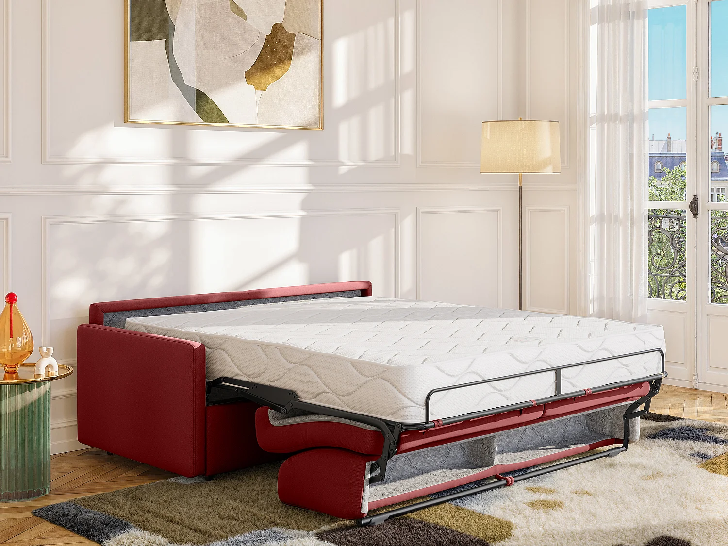 Canapé 3 places  convertible express en simili rouge - Couchage 140 cm - Matelas 22 cm avec mémoire de forme CALIFE