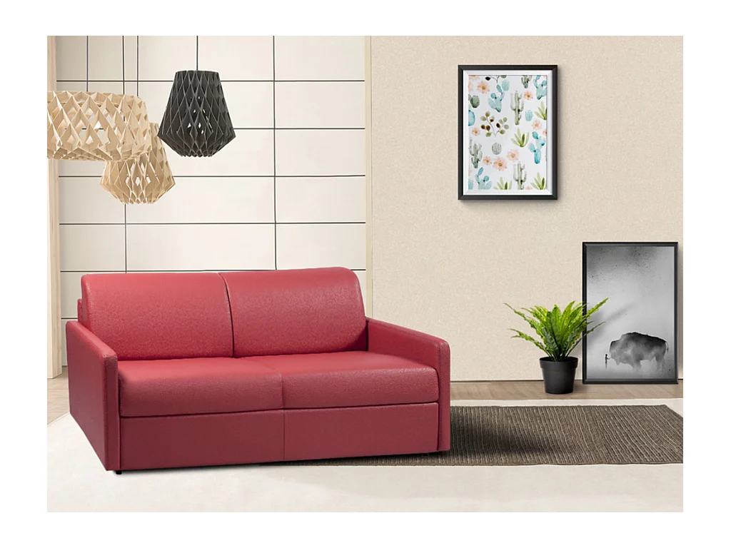 Canapé 3 places  convertible express en simili rouge - Couchage 140 cm - Matelas 22 cm avec mémoire de forme CALIFE