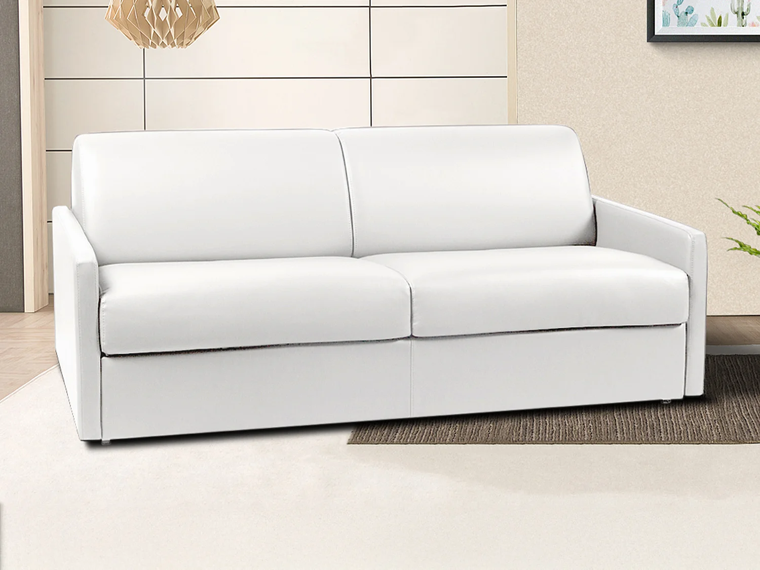 4-personers sovesofa med ekspressystem i hvid kunstlæder - 160 cm soveplads - 18 cm madras CALIFE