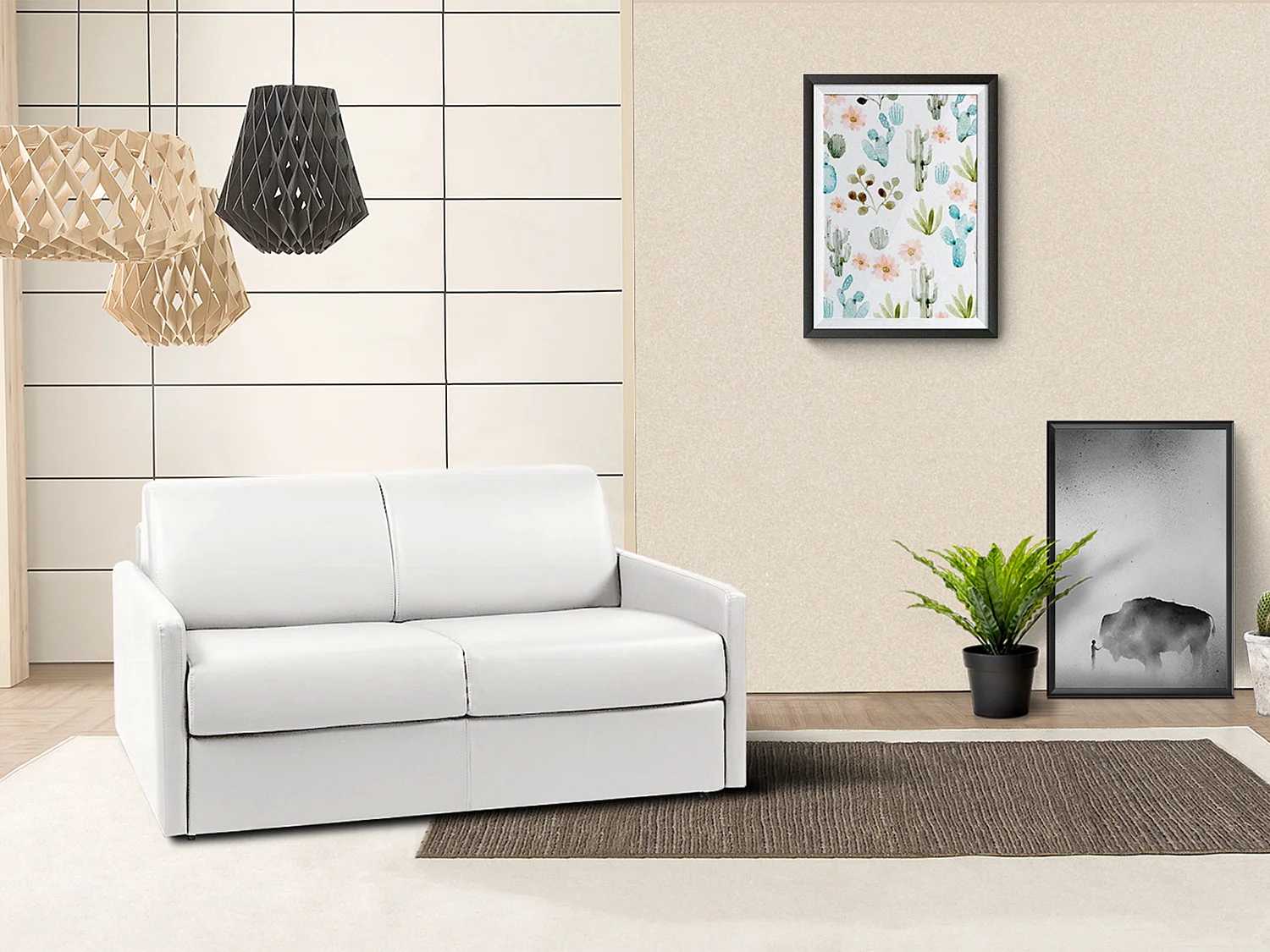 Canapé 2 places  convertible express en simili blanc - Couchage 120 cm - Matelas 22 cm avec mémoire de forme CALIFE
