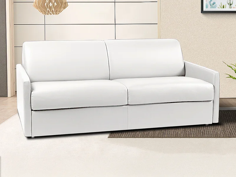 Vierzits express bedbank van kunstleer CALIFE - Wit - Slaap afmeting 160  cm - Matras met vormgeheugen 22 cm