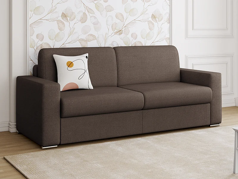 Canapé 4 places convertible express en tissu marron - Couchage lattes larges 160 cm - Matelas 18 cm CALITO